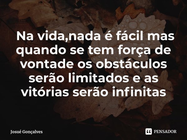 ⁠ Na vida,nada é fácil mas quando se tem força de vontade os obstáculos serão limitados e as vitórias serão infinitas... Frase de Josué Gonçalves.