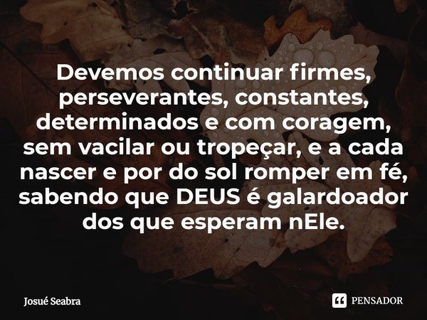 ⁠Devemos continuar firmes, perseverantes, constantes, determinados e com coragem, sem vacilar ou tropeçar, e a cada nascer e por do sol romper em fé, sabendo qu... Frase de Josué seabra.