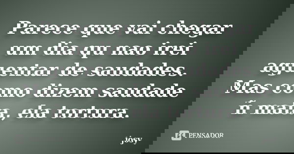Parece que vai chegar um dia qu nao irei aguentar de saudades. Mas como dizem saudade ñ mata, ela tortura.... Frase de Josy.
