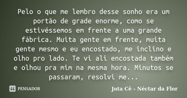 Pelo o que me lembro desse sonho era um portão de grade enorme, como se estivéssemos em frente a uma grande fábrica. Muita gente em frente, muita gente mesmo e ... Frase de Jota Cê - Néctar da Flor.