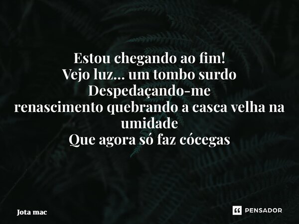 Estou chegando ao fim! Vejo luz… um tombo surdo Despedaçando-me renascimento quebrando a casca velha na umidade Que agora só faz cócegas ⁠... Frase de Jota mac.