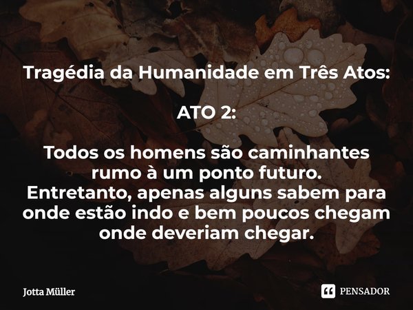 ⁠Tragédia da Humanidade em Três Atos: ATO 2: Todos os homens são caminhantes rumo à um ponto futuro.
Entretanto, apenas alguns sabem para onde estão indo e bem ... Frase de Jotta Müller.