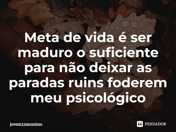 ⁠Meta de vida é ser maduro o suficiente para não deixar as paradas ruins foderem meu psicológico... Frase de jovem22anonimo.