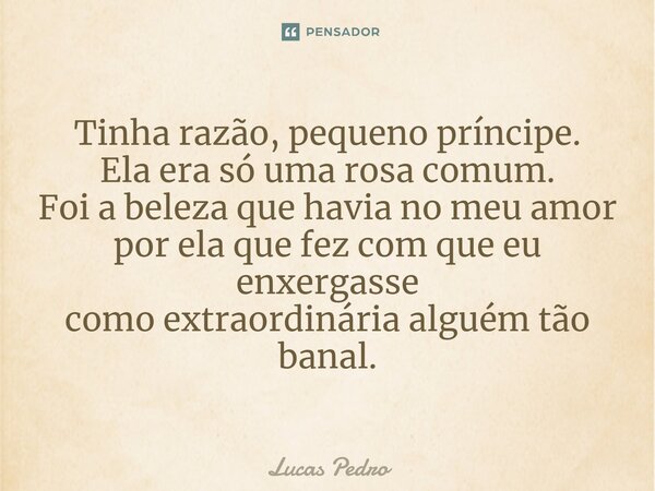 ⁠Tinha razão, pequeno príncipe.
Ela era só uma rosa comum.
Foi a beleza que havia no meu amor por ela que fez com que eu enxergasse como extraordinária alguém t... Frase de Lucas Pedro.