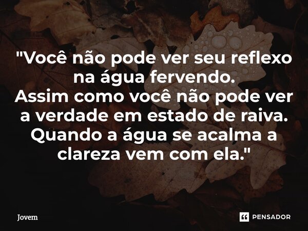 ⁠"Você não pode ver seu reflexo na água fervendo. Assim como você não pode ver a verdade em estado de raiva. Quando a água se acalma a clareza vem com ela.... Frase de Jovem.