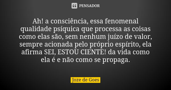 Ah! a consciência, essa fenomenal qualidade psíquica que processa as coisas como elas são, sem nenhum juízo de valor, sempre acionada pelo próprio espírito, ela... Frase de joze de goes.