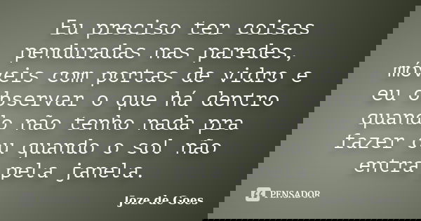 Eu preciso ter coisas penduradas nas paredes, móveis com portas de vidro e eu observar o que há dentro quando não tenho nada pra fazer ou quando o sol não entra... Frase de joze de goes.