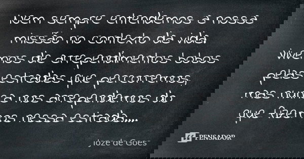Nem sempre entendemos a nossa missão no contexto da vida. Vivemos de arrependimentos bobos pelas estradas que percorremos, mas nunca nos arrependemos do que fiz... Frase de Joze de Goes.