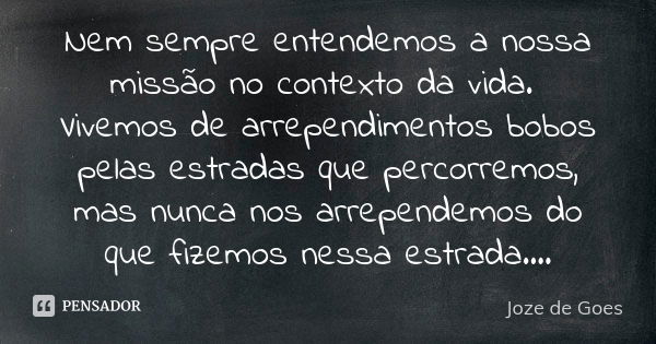 Nem sempre entendemos a nossa missão no contexto da vida. Vivemos de arrependimentos bobos pelas estradas que percorremos, mas nunca nos arrependemos do que fiz... Frase de Joze de Goes.