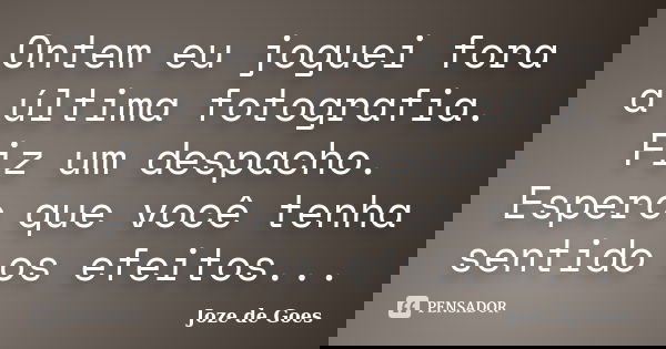 Ontem eu joguei fora a última fotografia. Fiz um despacho. Espero que você tenha sentido os efeitos...... Frase de joze de goes.