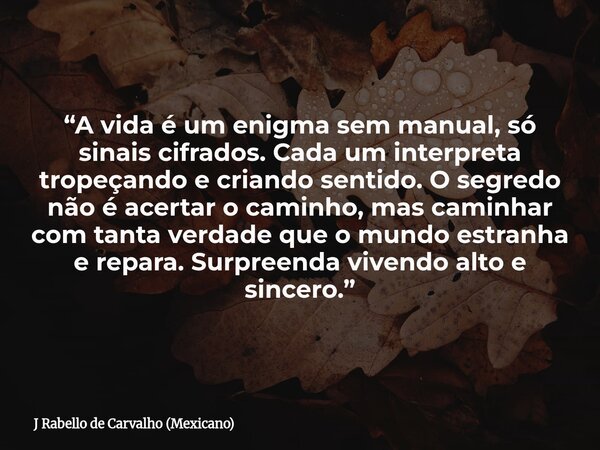 “A vida é um enigma sem manual, só sinais cifrados. Cada um interpreta tropeçando e criando sentido. O segredo não é acertar o caminho, mas caminhar com tanta v... Frase de J Rabello de Carvalho (Mexicano).