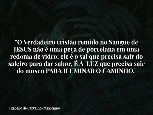 "O Verdadeiro cristão remido no Sangue de JESUS não é uma peça de porcelana em uma redoma de vidro; ele é o sal que precisa sair do saleiro para dar sabor,... Frase de J Rabello de Carvalho (Mexicano).