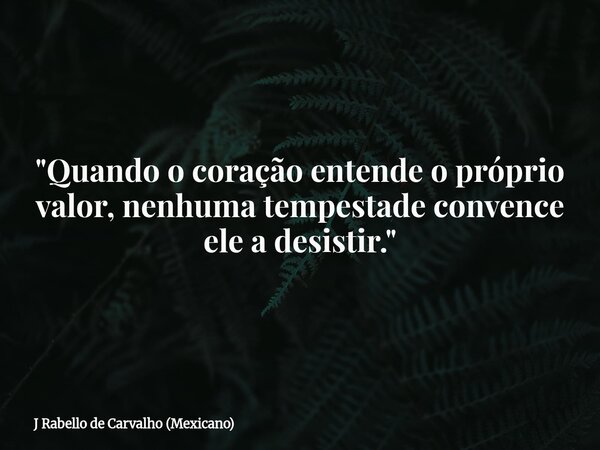 "Quando o coração entende o próprio valor, nenhuma tempestade convence ele a desistir."... Frase de J Rabello de Carvalho (Mexicano).
