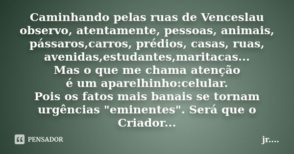 Caminhando pelas ruas de Venceslau observo, atentamente, pessoas, animais, pássaros,carros, prédios, casas, ruas, avenidas,estudantes,maritacas... Mas o que me ... Frase de JR.