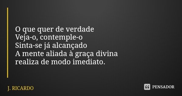 O que quer de verdade
Veja-o, contemple-o
Sinta-se já alcançado
A mente aliada à graça divina
realiza de modo imediato.... Frase de J. RICARDO.