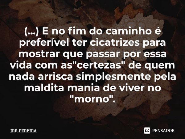 ⁠(...) E no fim do caminho é preferível ter cicatrizes para mostrar que passar por essa vida com as "certezas" de quem nada arrisca simplesmente pela ... Frase de JRR.PEREIRA.