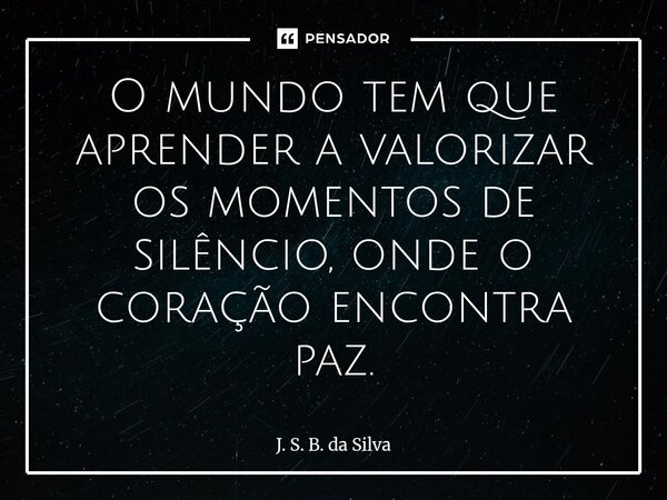 ⁠O mundo tem que aprender a valorizar os momentos de silêncio, onde o coração encontra paz.... Frase de J. S. B. da Silva.
