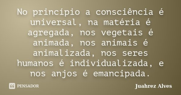No princípio a consciência é universal, na matéria é agregada, nos vegetais é animada, nos animais é animalizada, nos seres humanos é individualizada, e nos anj... Frase de Juahrez Alves.