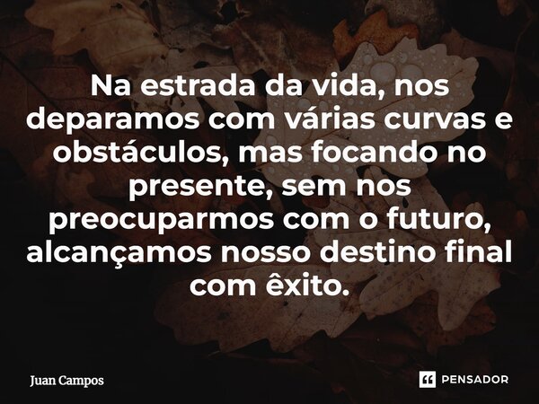 ⁠Na estrada da vida, nos deparamos com várias curvas e obstáculos, mas focando no presente, sem nos preocuparmos com o futuro, alcançamos nosso destino final co... Frase de Juan Campos.