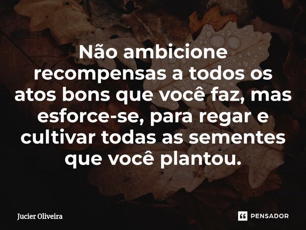 ⁠Não ambicione recompensas a todos os atos bons que você faz, mas esforce-se, para regar e cultivar todas as sementes que você plantou.... Frase de Jucier Oliveira.