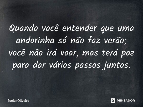 ⁠Quando você entender que uma andorinha só não faz verão; você não irá voar, mas terá paz para dar vários passos juntos.... Frase de Jucier Oliveira.