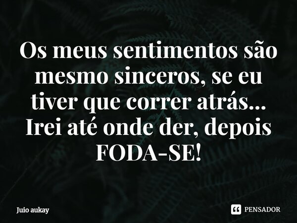 ⁠Os meus sentimentos são mesmo sinceros, se eu tiver que correr atrás... Irei até onde der, depois FODA-SE!... Frase de Juio aukay.