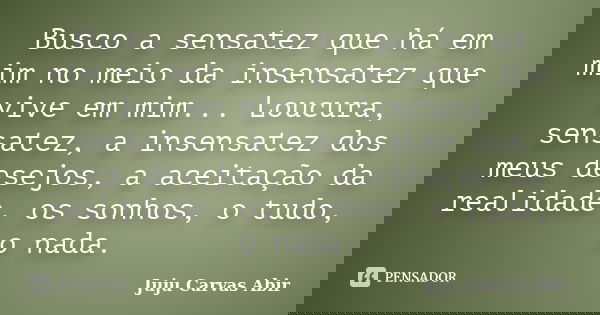 Busco a sensatez que há em mim no meio da insensatez que vive em mim... Loucura, sensatez, a insensatez dos meus desejos, a aceitação da realidade, os sonhos, o... Frase de Juju Carvas Abir.