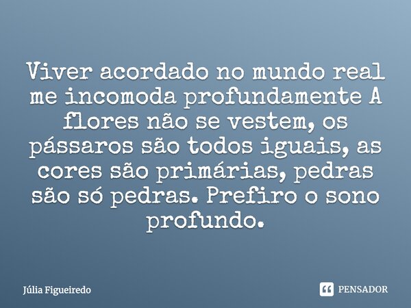 ⁠Viver acordado no mundo real me incomoda profundamente A flores não se vestem, os pássaros são todos iguais, as cores são primárias, pedras são só pedras. Pref... Frase de Júlia Figueiredo.