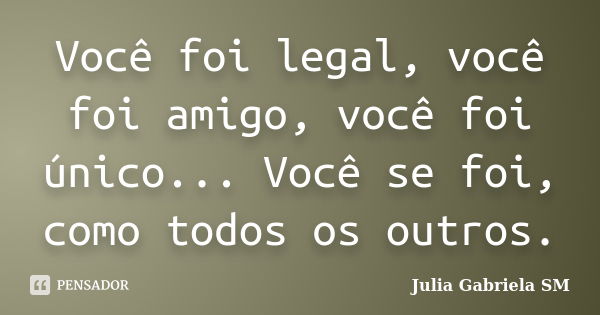 Você foi legal, você foi amigo, você foi único... Você se foi, como todos os outros.... Frase de Julia Gabriela SM.