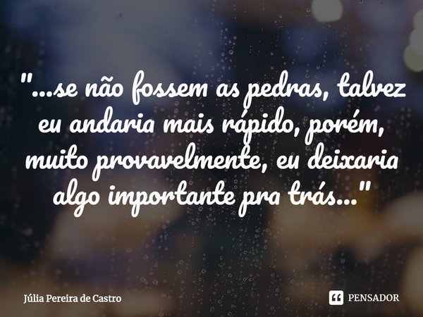 ⁠"...se não fossem as pedras, talvez eu andaria mais rápido, porém, muito provavelmente, eu deixaria algo importante pra trás..."... Frase de Júlia Pereira de Castro.