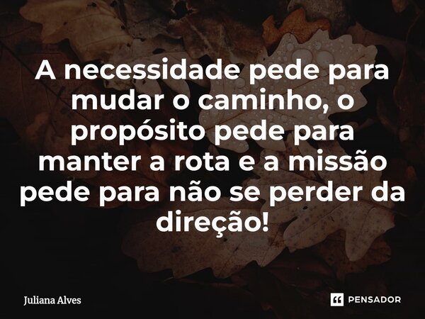 ⁠A necessidade pede para mudar o caminho, o propósito pede para manter a rota e a missão pede para não se perder da direção!... Frase de juliana alves.