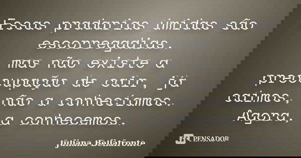 Essas pradarias úmidas são escorregadias. mas não existe a preocupação de cair, já caímos, não a conhecíamos. Agora, a conhecemos.... Frase de Juliana Bellafronte.