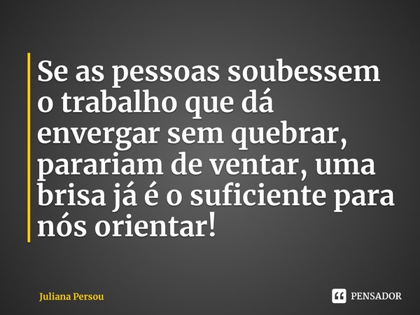 Se as pessoas soubessem o trabalho que dá envergar sem quebrar, parariam de ventar, uma brisa já é o suficiente para nós orientar!... Frase de Juliana Persou.