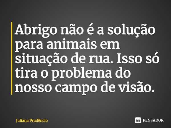 ⁠Abrigo não é a solução para animais em situação de rua. Isso só tira o problema do nosso campo de visão.... Frase de Juliana Prudêncio.