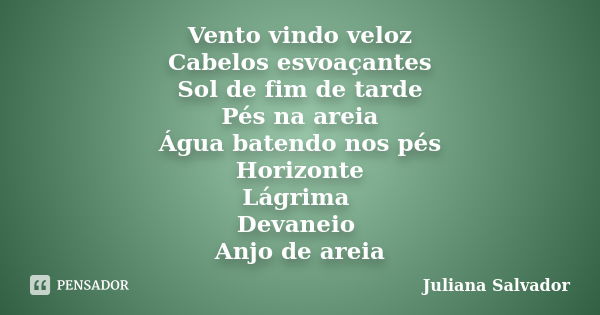 Vento vindo veloz Cabelos esvoaçantes Sol de fim de tarde Pés na areia Água batendo nos pés Horizonte Lágrima Devaneio Anjo de areia... Frase de Juliana Salvador.