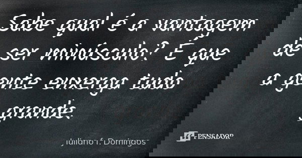 Sabe qual é a vantagem de ser minúsculo? É que a gente enxerga tudo grande.... Frase de Juliano f. Domingos.