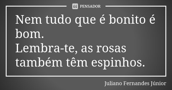 Nem tudo que é bonito é bom. Lembra-te, as rosas também têm espinhos.... Frase de Juliano Fernandes Júnior.