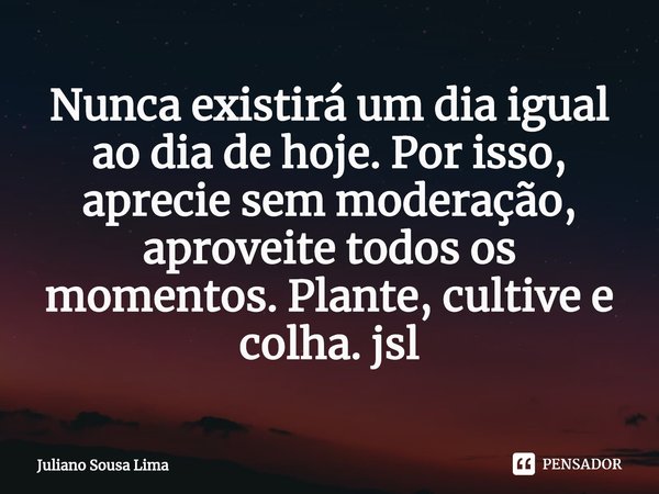 ⁠Nunca existirá um dia igual ao dia de hoje. Por isso, aprecie sem moderação, aproveite todos os momentos. Plante, cultive e colha. jsl... Frase de Juliano Sousa Lima.
