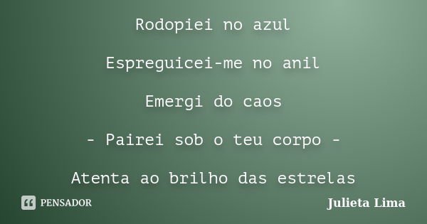 Rodopiei no azul Espreguicei-me no anil Emergi do caos - Pairei sob o teu corpo - Atenta ao brilho das estrelas... Frase de Julieta Lima.