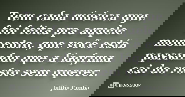 Tem cada música que foi feita pra aquele momento, que você está passando que a lágrima cai do rosto sem querer.... Frase de Julihu Cunha.