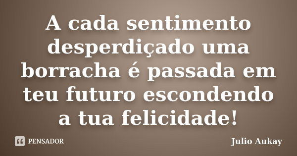 A cada sentimento desperdiçado uma borracha é passada em teu futuro escondendo a tua felicidade!... Frase de Julio Aukay.