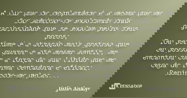 A luz que te resplandece é a mesma que me faz admirar-te exaltando toda graciosidade que se exalam pelos teus poros; Teu perfume é a atração mais gostosa que eu... Frase de Julio Aukay.