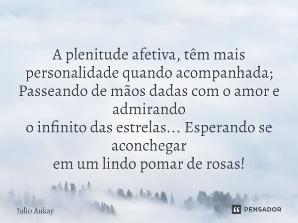 ⁠ A plenitude afetiva, têm mais personalidade quando acompanhada; Passeando de mãos dadas com o amor e admirando o infinito das estrelas... Esperando se aconche... Frase de Julio Aukay.