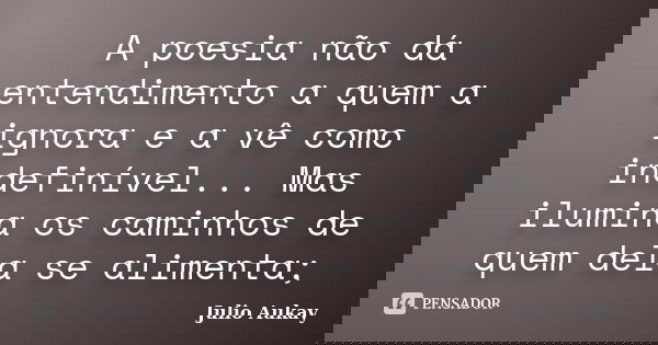 A poesia não dá entendimento a quem a ignora e a vê como indefinível... Mas ilumina os caminhos de quem dela se alimenta;... Frase de Julio Aukay.