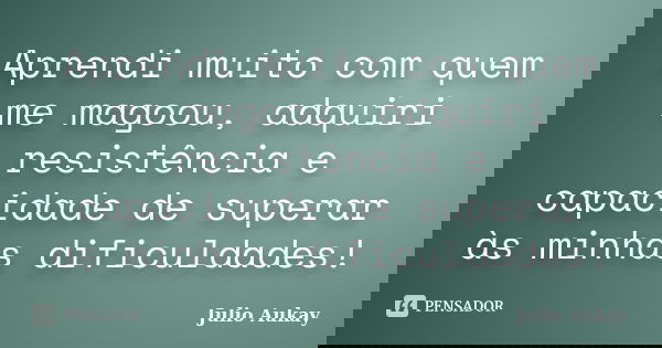 Aprendi muito com quem me magoou, adquiri resistência e capacidade de superar às minhas dificuldades!... Frase de julio Aukay.