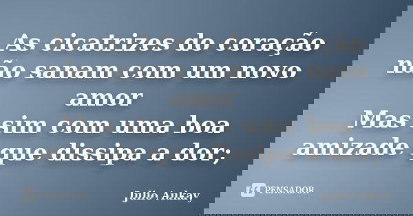 As cicatrizes do coração não sanam com um novo amor Mas sim com uma boa amizade que dissipa a dor;... Frase de Julio Aukay.