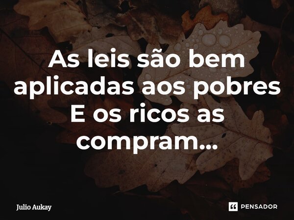 ⁠As leis são bem aplicadas aos pobres E os ricos as compram...... Frase de Julio Aukay.