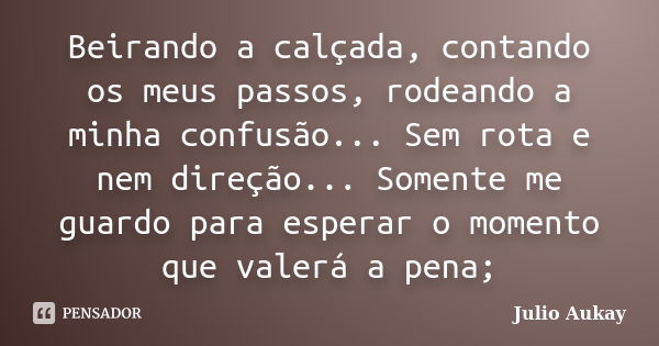 Beirando a calçada, contando os meus passos, rodeando a minha confusão... Sem rota e nem direção... Somente me guardo para esperar o momento que valerá a pena;... Frase de Julio Aukay.