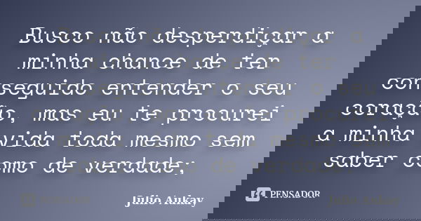 Busco não desperdiçar a minha chance de ter conseguido entender o seu coração, mas eu te procurei a minha vida toda mesmo sem saber como de verdade;... Frase de Julio Aukay.