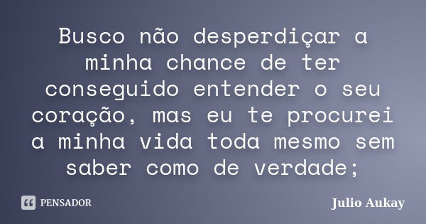 Busco não desperdiçar a minha chance de ter conseguido entender o seu coração, mas eu te procurei a minha vida toda mesmo sem saber como de verdade;... Frase de Julio Aukay.